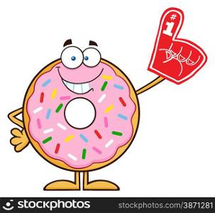 Smiling Donut Cartoon Character With Sprinkles Wearing A Foam Finger
