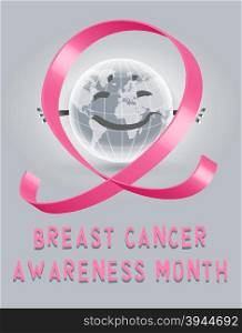 Smiling earth globe cartoon character holding pink ribbon cancer awareness event symbol - vector poster.