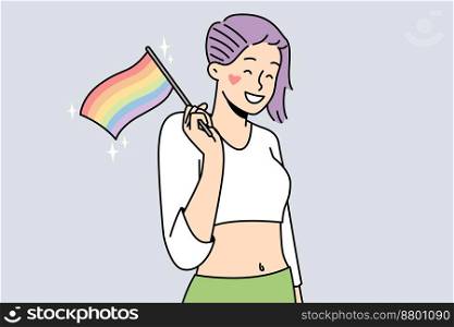 Smiling eccentric girl holding LGBT flag in hands. Happy woman support LGBTQ movement. Freedom of rights and pride parade, homosexuality. Vector illustration. . Smiling girl with LGBT flag