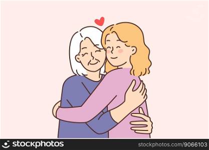 Smiling elderly grandmother hug loving woman. Happy caring grownup daughter embrace old mother. Family reunion. Vector illustration. . Elderly grandmother hug happy grownup daughter 