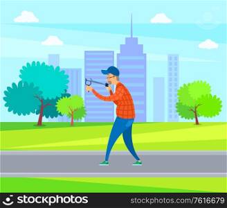 Smiling elderly male targeting with slingshot, side and full length view of aged man wearing casual clothes, cap and glasses holding catapult vector. Aged Male Targeting with Catapult in Park Vector