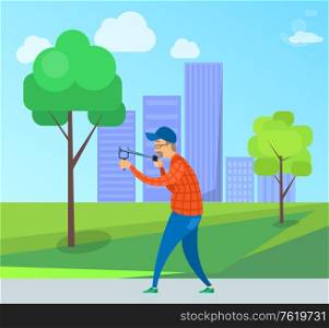 Smiling elderly male targeting with slingshot, side and full length view of aged man wearing casual clothes, cap and glasses holding catapult vector. Aged Male Targeting with Catapult in Park Vector
