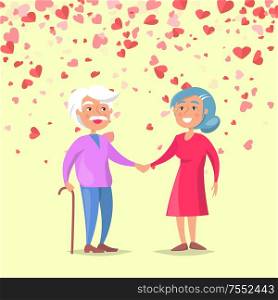 Smiling elderly man holding woman hand on white. Valentine grandparents day, feelings between old people, romantic day. Card decorated hearts vector. Smiling Elderly Man Holding Woman Hand Vector