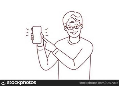 Smiling elderly man in glasses point at mockup cellphone screen. Happy mature grandfather show with finger on smartphone display. Vector illustration. . Smiling elderly man point at cell screen 