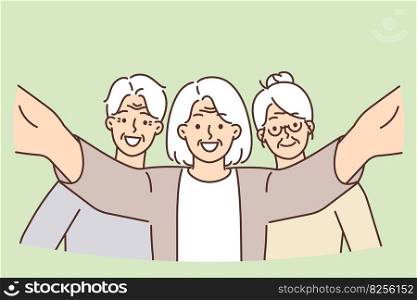 Smiling elderly people posing taking selfie together video active lifestyle and enjoying retirement. Elderly men and women spend time together during meeting of former colleagues or classmates. Smiling elderly people posing taking selfie together video active lifestyle and enjoying retirement