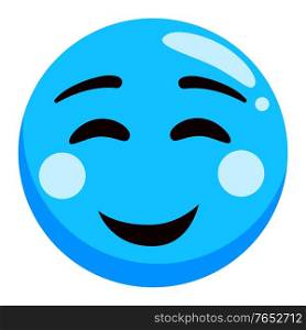 Smiling emoji in blue color, glossy photozone accessory, round sticker of happy smiley. Photoshoot element, expression of humor, funny mood, laughing emoticon isolated. Vector cute emoji symbol. Expression of Mood, Happy Smiley, Smile Vector
