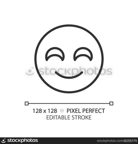 Smiling emoji pixel perfect linear icon. Positive reaction on product. Happy face. Satisfied service user. Thin line illustration. Contour symbol. Vector outline drawing. Editable stroke. Smiling emoji pixel perfect linear icon
