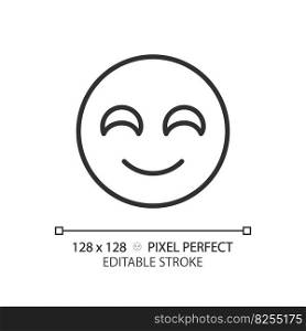 Smiling emoji pixel perfect linear icon. Positive reaction on product. Happy face. Satisfied service user. Thin line illustration. Contour symbol. Vector outline drawing. Editable stroke. Smiling emoji pixel perfect linear icon