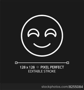 Smiling emoji pixel perfect white linear icon for dark theme. Positive reaction on product. Happy face. Satisfied service user. Thin line illustration. Isolated symbol for night mode. Editable stroke. Smiling emoji pixel perfect white linear icon for dark theme