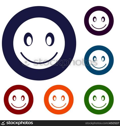 Smiling emoticons set in flat circle reb, blue and green color for web. Smiling emoticons set