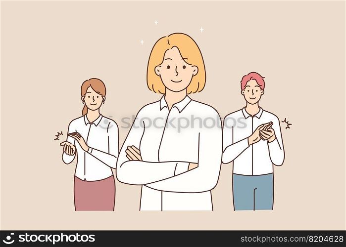 Smiling employees applaud confident businesswoman greeting with work success or promotion. Happy colleagues congratulate female worker clap hands. Vector illustration. . Smiling employees greeting successful businesswoman 