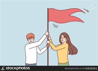 Smiling employees put flag as symbol of shared goal achievement and success. Happy man and woman reach business target or aim. Accomplishment concept. Vector illustration. . Smiling employees put flag as symbol of success