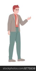 Smiling entrepreneur pointing aside semi flat color vector character. Editable figure. Full body person on white. Business simple cartoon style illustration for web graphic design and animation. Smiling entrepreneur pointing aside semi flat color vector character