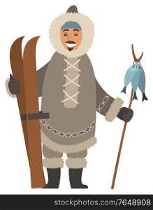 Smiling eskimo man wearing warm fur clothes and mittens holding skis and wooden stick with fish. Arctic element of view hunter character fishing. Happy male hunting and skiing in Alaska vector. Arctic Hunter with Skis and Fish on Stick Vector
