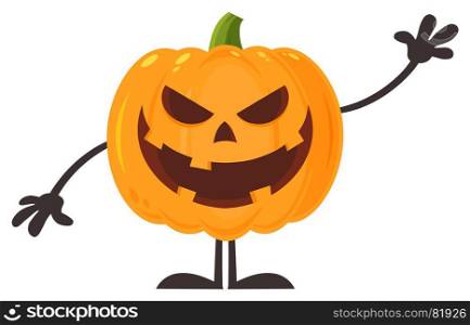 Smiling Evil Halloween Pumpkin Cartoon Emoji Character Waving For Greeting. Illustration Flat Design Style Isolated On White Background