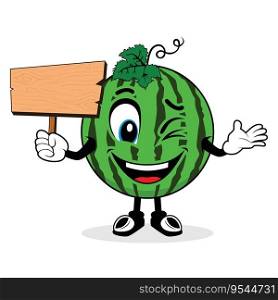 Smiling Face Watermelon Cartoon Mascot Holding Up A Blank Wood Sign