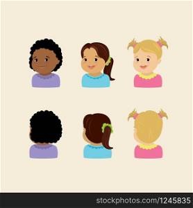 Smiling faces of girls children and back view,isolated characters,flat vector illustration
