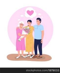 Smiling family embracing each other 2D vector isolated illustration. Siblings celebrating mother birthday flat characters on cartoon background. Giving floral bouquet with love colourful scene. Smiling family embracing each other 2D vector isolated illustration