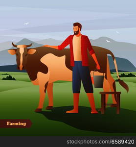 Smiling farmer with bucket near spotted cow on green pasture on mountain background flat composition vector illustration. Farmer With Cow Flat Composition