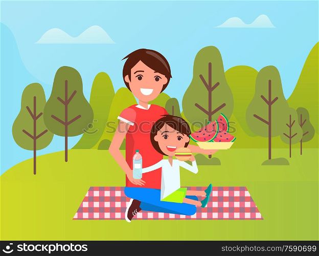Smiling father and son sitting on mat, boy eating burger, dad holding bowl with watermelon. People relaxing in green park or forest, sportwear vector. Family near Green Trees, Dad and Son on Mat Vector