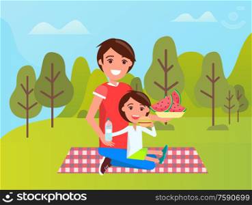 Smiling father and son sitting on mat, boy eating burger, dad holding bowl with watermelon. People relaxing in green park or forest, sportwear vector. Family near Green Trees, Dad and Son on Mat Vector