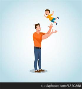 Smiling Father Character Playing with Little Son. Man Throwing his Child High Up into Air. Loving Dad and Happy Kid Spending Time Together, Having Fun. Flat Cartoon Vector Illustration. Smiling Father Character Playing with Little Son