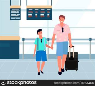 Smiling father holding son and luggage, people standing near scoreboard. Happy man travels with baggage in airport, passenger in terminal, journey vector. Family travel. Flat cartoon. Travelers in Airport, Family in Terminal Vector