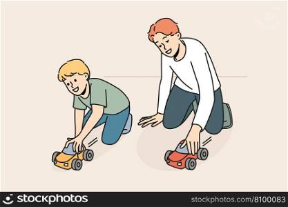 Smiling father playing cars with little son at home. Happy caring dad have fun enjoy game with small boy child. Fatherhood concept. Vector illustration. . Happy father play cars with small son 