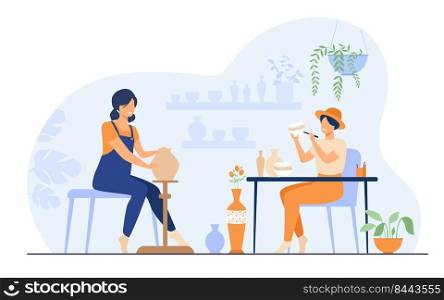 Smiling female artists creating ceramic vase from clay isolated flat vector illustration. Cartoon ceramists making colorful earthenware. Pottery hobby and handcraft concept