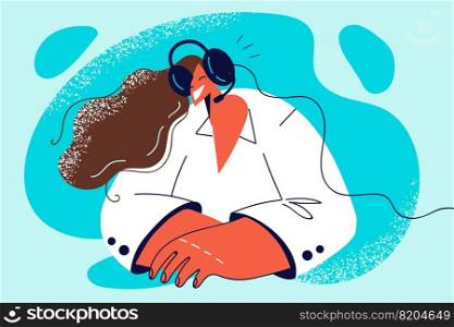 Smiling female call center agent in headset talk with client online. Happy woman operator in earphones speak with partner or customer. Technology. Vector illustration.. Smiling call center agent talk with client