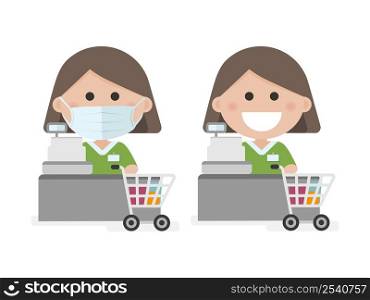 Smiling female cashier on checkout at store and a cart. Vector illustration