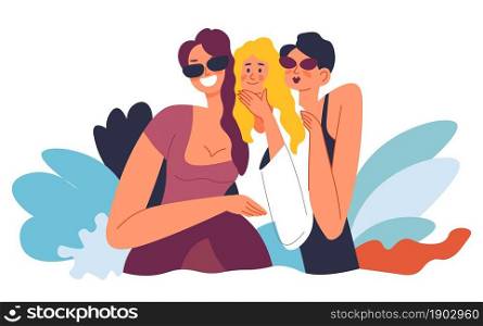 Smiling female character posing and standing closely, friends or models spending time together. Attractive women enjoying weekends or holidays. Youth and fashion, modern trends. Vector in flat style. Female friends or models posing and smiling vector