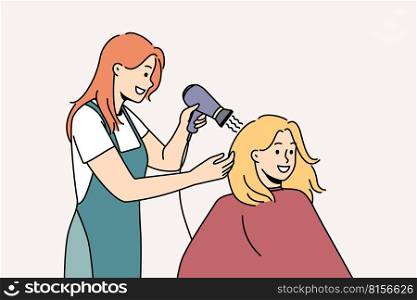 Smiling female client get hairstyle in saloon. Happy stylist dry hair of woman customer with blow dryer in salon. Beauty and care concept. Vector illustration. . Female client get hairstyle in salon 