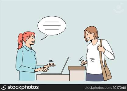 Smiling female client talk with caring receptionist in hotel ask advice or help. Happy woman customer speak with administrator working on computer sitting at desk. Good service. Vector illustration. . Smiling female client talk with receptionist at desk