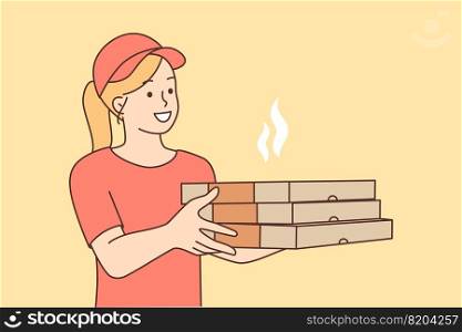 Smiling female courier with pizza boxes deliver order to customer. Happy woman with fast food go to client. Meal delivery concept. Vector illustration.. Female courier with pizza boxes