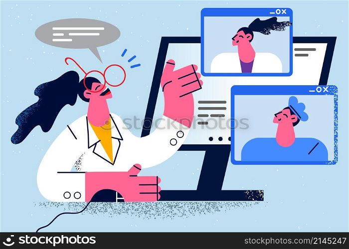 Smiling female doctor in medical uniform talk on video call with diverse colleagues. Happy woman nurse or GP have webcam digital communication with coworkers on computer. Vector illustration. . Happy woman doctor talk on video call with colleague