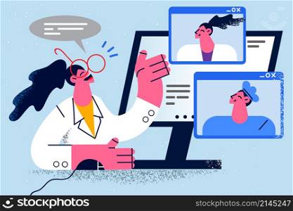 Smiling female doctor in medical uniform talk on video call with diverse colleagues. Happy woman nurse or GP have webcam digital communication with coworkers on computer. Vector illustration. . Happy woman doctor talk on video call with colleague