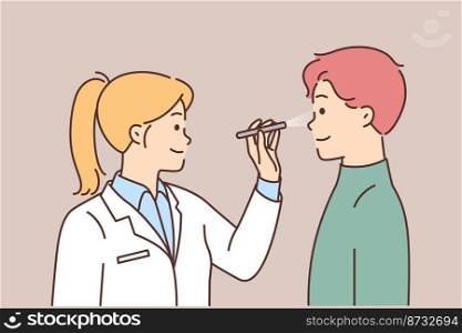 Smiling female doctor in white medical uniform check male patient eyesight. Woman GP examine guy sight in clinic or hospital. Healthcare. Vector illustration. . Female doctor examine male patient sight 