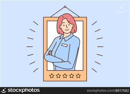 Smiling female employee in uniform receive best worker of month award. Happy woman get best feedback and rank at workplace. Vector illustration. . Smiling female employee as worker of month 