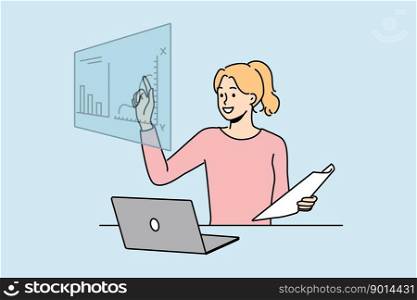 Smiling female employee sit at desk working on computer with financial graphs. Happy woman busy trading online on stock market. Vector illustration. . Woman work with graphs on computer 