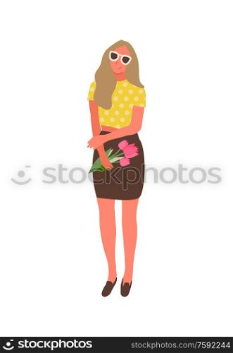 Smiling female in sunglasses isolated girl with flowers. Vector cartoon character with bouquet of spring blossoms, elegant lady celebrate 8 March or birthday. Smiling Female in Sunglasses Isolated Girl Flowers