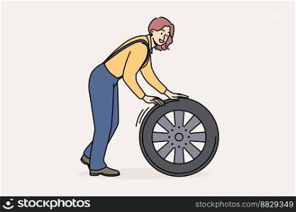 Smiling female mechanic with car tire working at auto repair service. Happy woman engineer busy with wheel repairing automobile. Vector illustration. . Smiling female mechanic with tire
