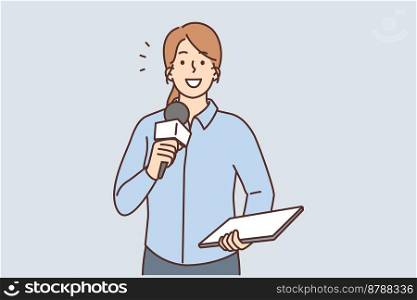 Smiling female reporter with microphone and tablet talking in live broadcast. Happy woman journalist with mic speak work in studio. Vector illustration. . Smiling female reporter with microphone 