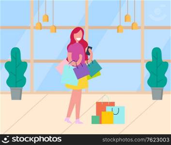 Smiling female standing with colorful packages, woman character in supermarket. Shopping day of lady, customer with purchases, plant and lamp vector. Lady Customer with Packages, Shopping Day Vector