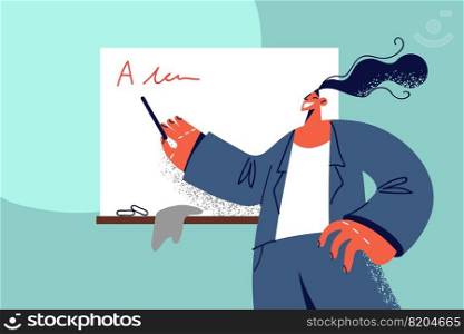 Smiling female teacher with pointer at lesson in classroom. Happy woman tutor explain subject near blackboard at class. Vector illustration.. Female teacher at lesson in classroom