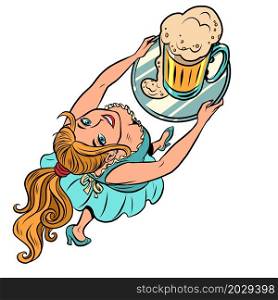 smiling female waiter with a beer mug, oktoberfest, bar pub restaurant. Comic cartoon vintage retro hand drawing illustration. smiling female waiter with a beer mug, oktoberfest, bar pub restaurant
