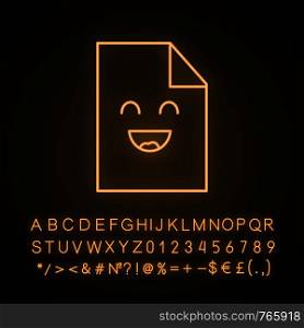 Smiling file character neon light icon. Happy document. Successful agreement, contract. Excellent review. Emoji, emoticon. Glowing sign with alphabet, numbers and symbols. Vector isolated illustration. Smiling file character neon light icon