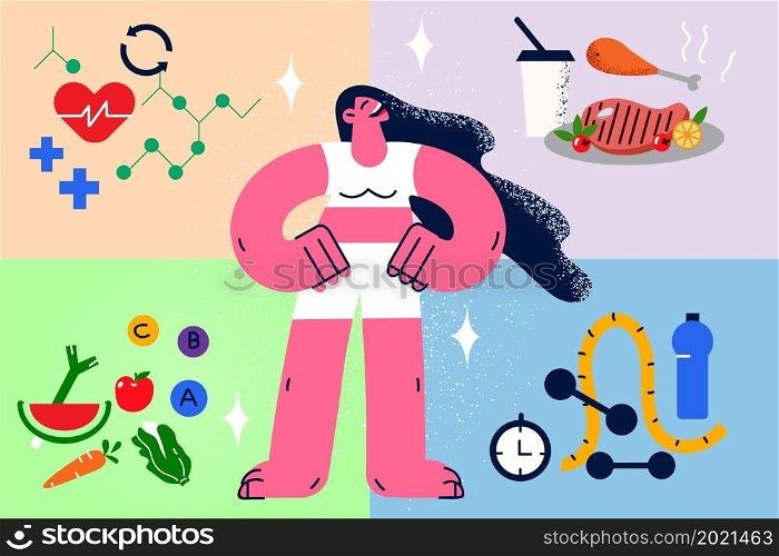 Smiling fit young woman follow healthy lifestyle do sports eat clean. Happy toned girl in good shape care about nutrition habits and physical activity. Flat vector illustration, cartoon character. . Smiling fit young woman follow healthy lifestyle