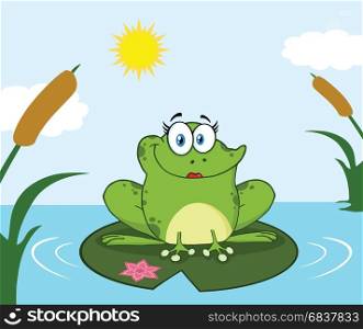 Smiling Frog Female Cartoon Mascot Character Perched On A Pond Lily Pad In Lake. Illustration With Background