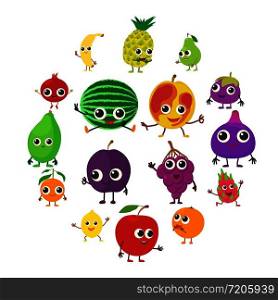 Smiling fruit icons set. Cartoon illustration of 16 smiling fruit vector icons for web. Smiling fruit icons set, cartoon style